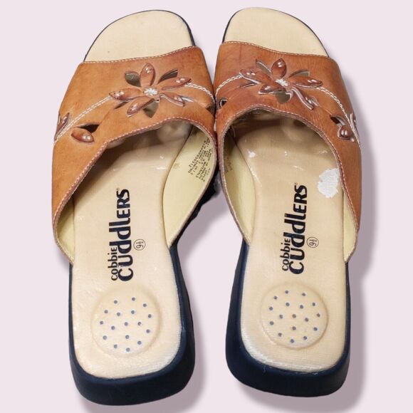 Cobbie Cuddlers Womens Brown Leather Fairy Slides Flowers Wedges Sandals 9.5 - Picture 5 of 9